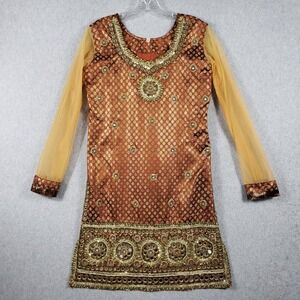 Sparkling Bronze Gold Floral Embellished Tunic Top Sheer Sleeve Boho‎ Party L/XL
